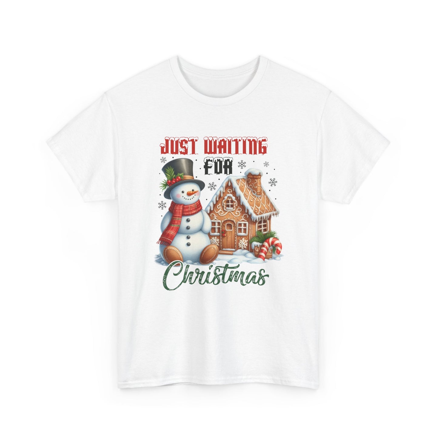 Christmas Snowman Heavy Cotton Tee - 'Just Waiting for Christmas'