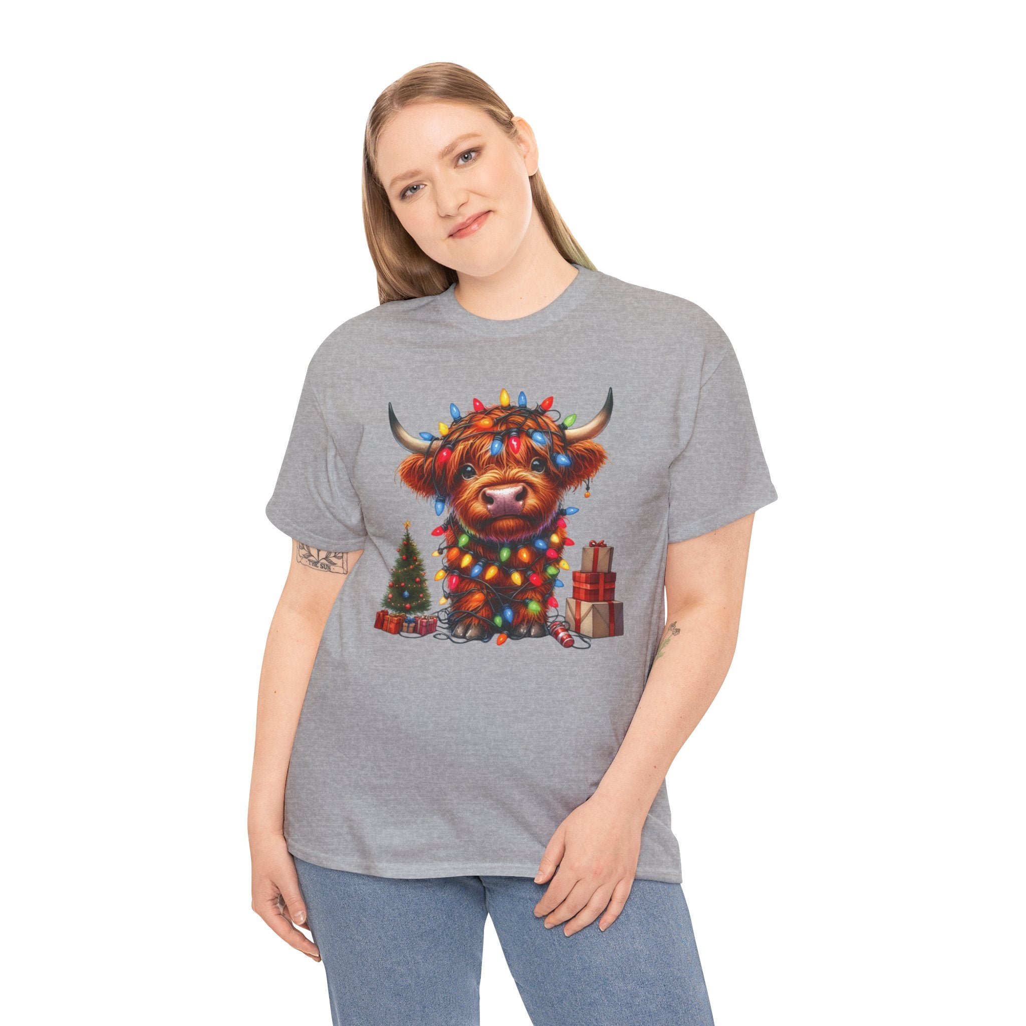 Festive Highland Cow Heavy Cotton Tee - Holiday Cheer