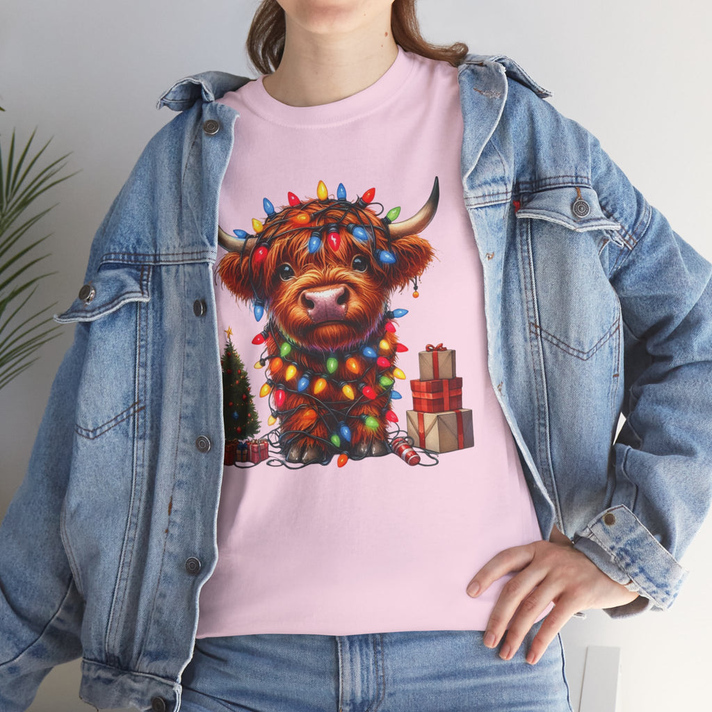Festive Highland Cow Heavy Cotton Tee - Holiday Cheer