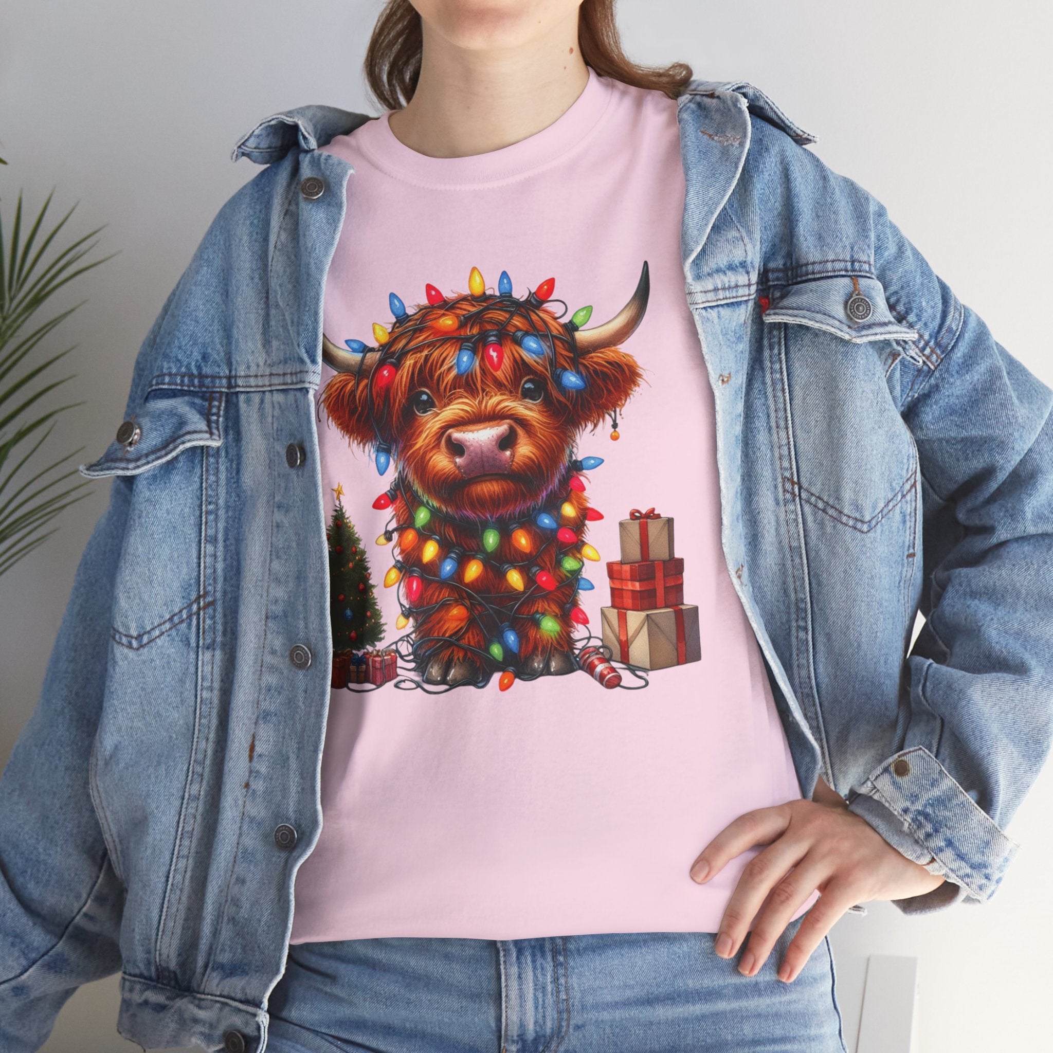 Festive Highland Cow Heavy Cotton Tee - Holiday Cheer