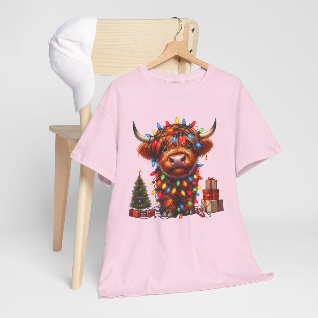 Festive Highland Cow Heavy Cotton Tee - Holiday Cheer