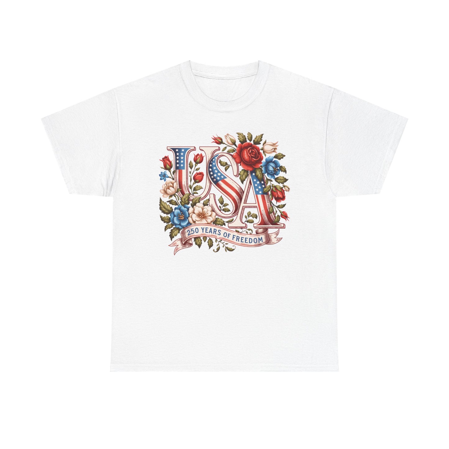 USA Floral Patriotic T-Shirt – "250 Years of Freedom" Vintage Americana Tee