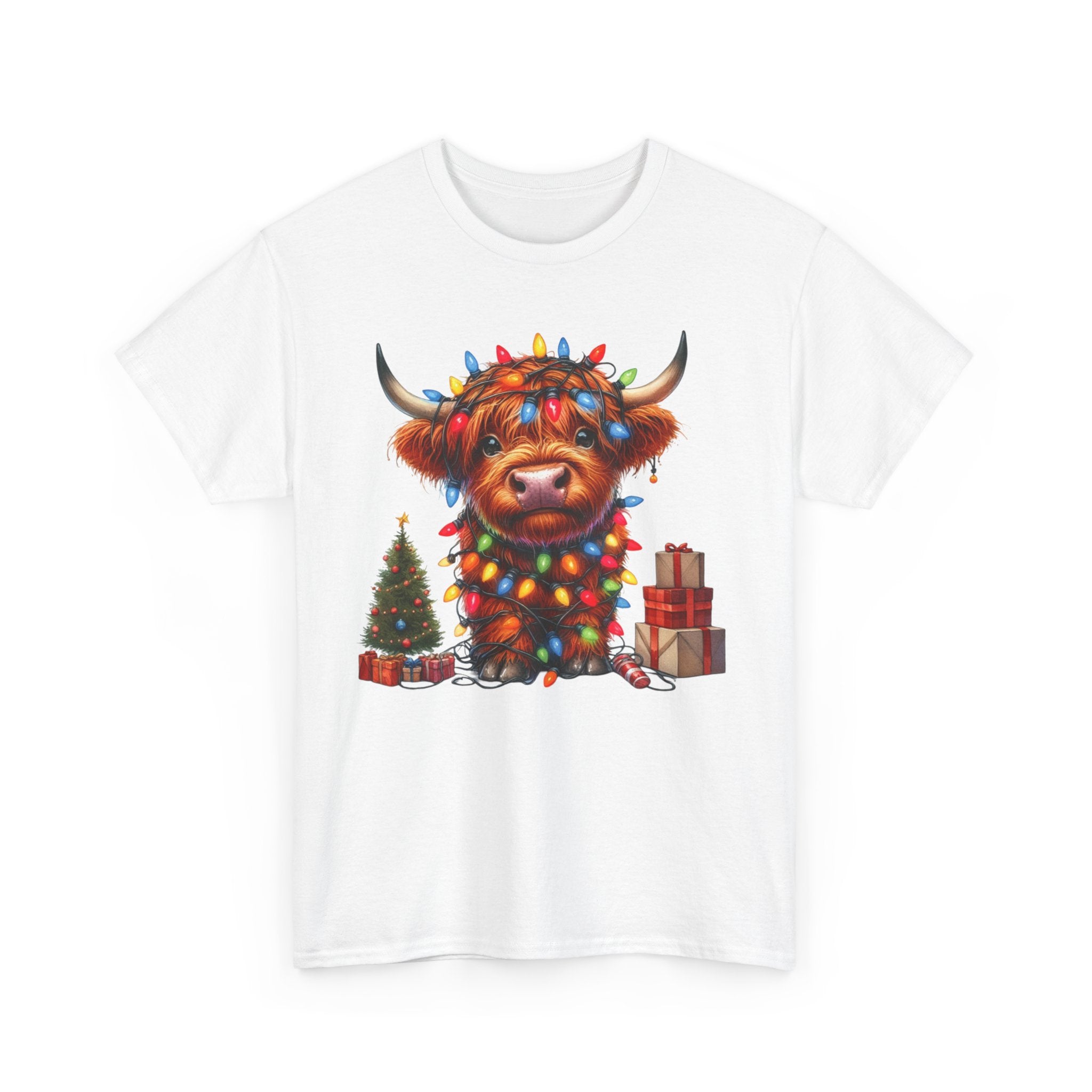 Festive Highland Cow Heavy Cotton Tee - Holiday Cheer