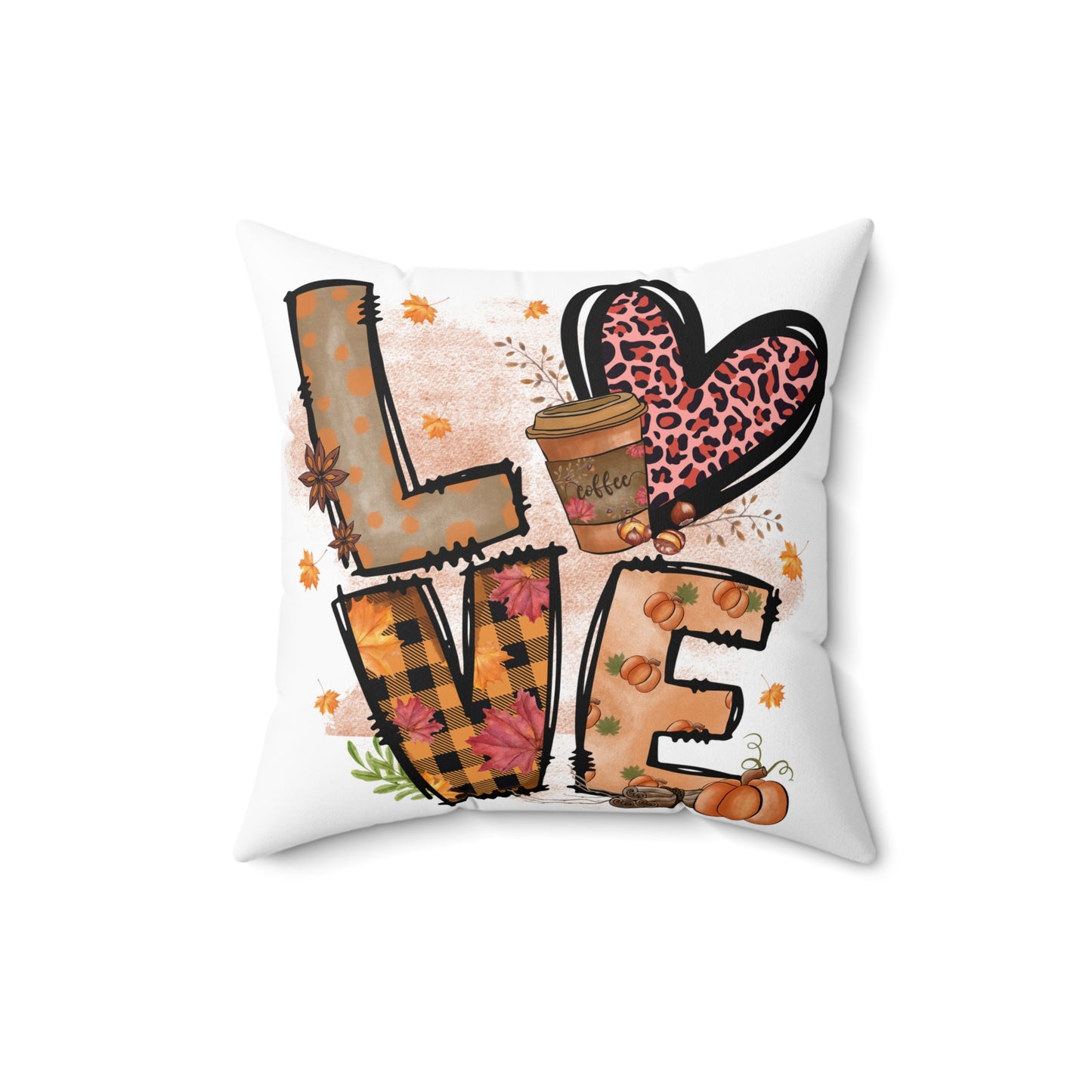 Autumn LOVE Pillow — Fall Plaid Pumpkin Coffee Decorative Throw Pillow