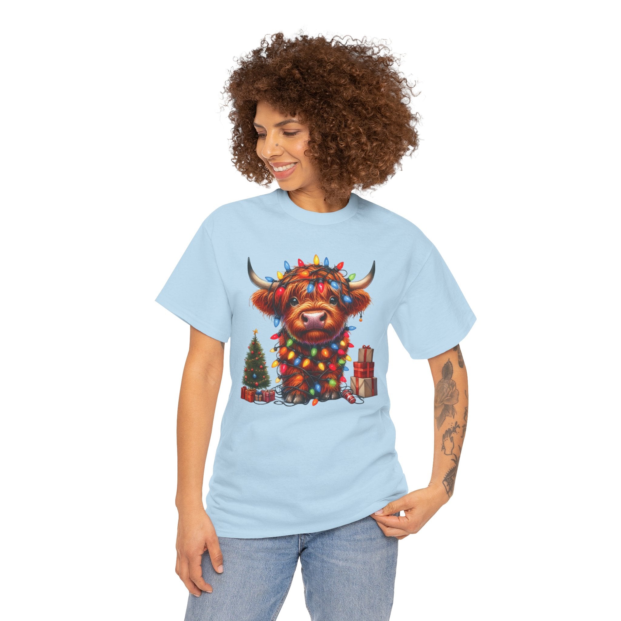 Festive Highland Cow Heavy Cotton Tee - Holiday Cheer