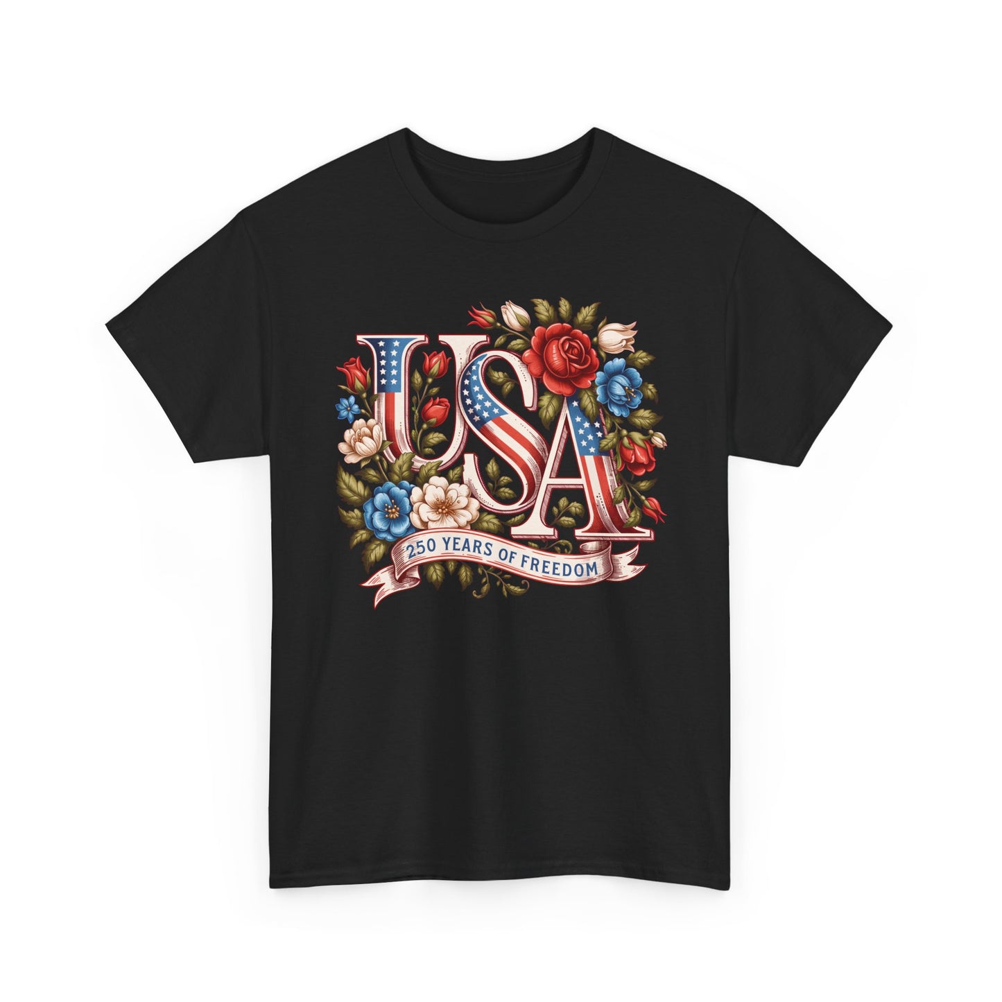 USA Floral Patriotic T-Shirt – "250 Years of Freedom" Vintage Americana Tee