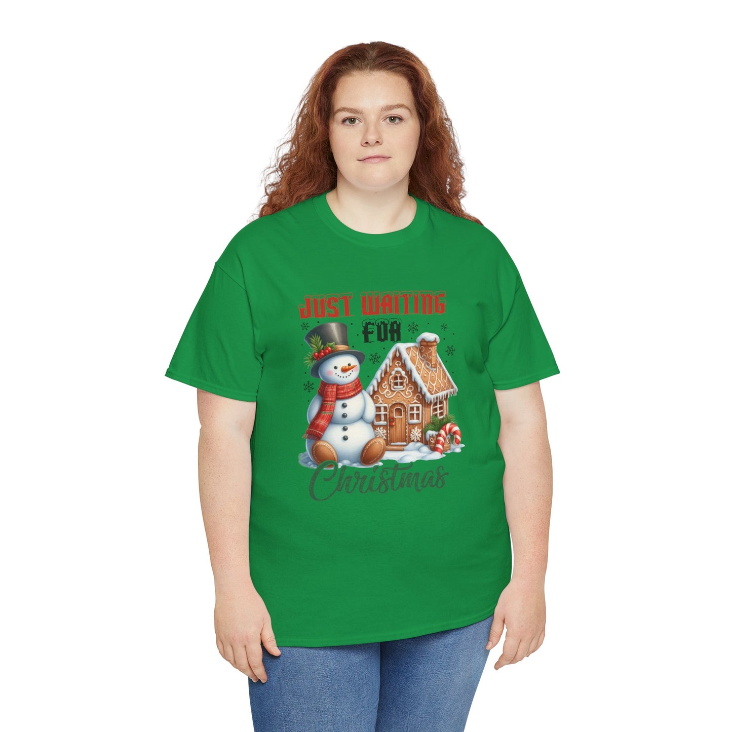 Christmas Snowman Heavy Cotton Tee - 'Just Waiting for Christmas'