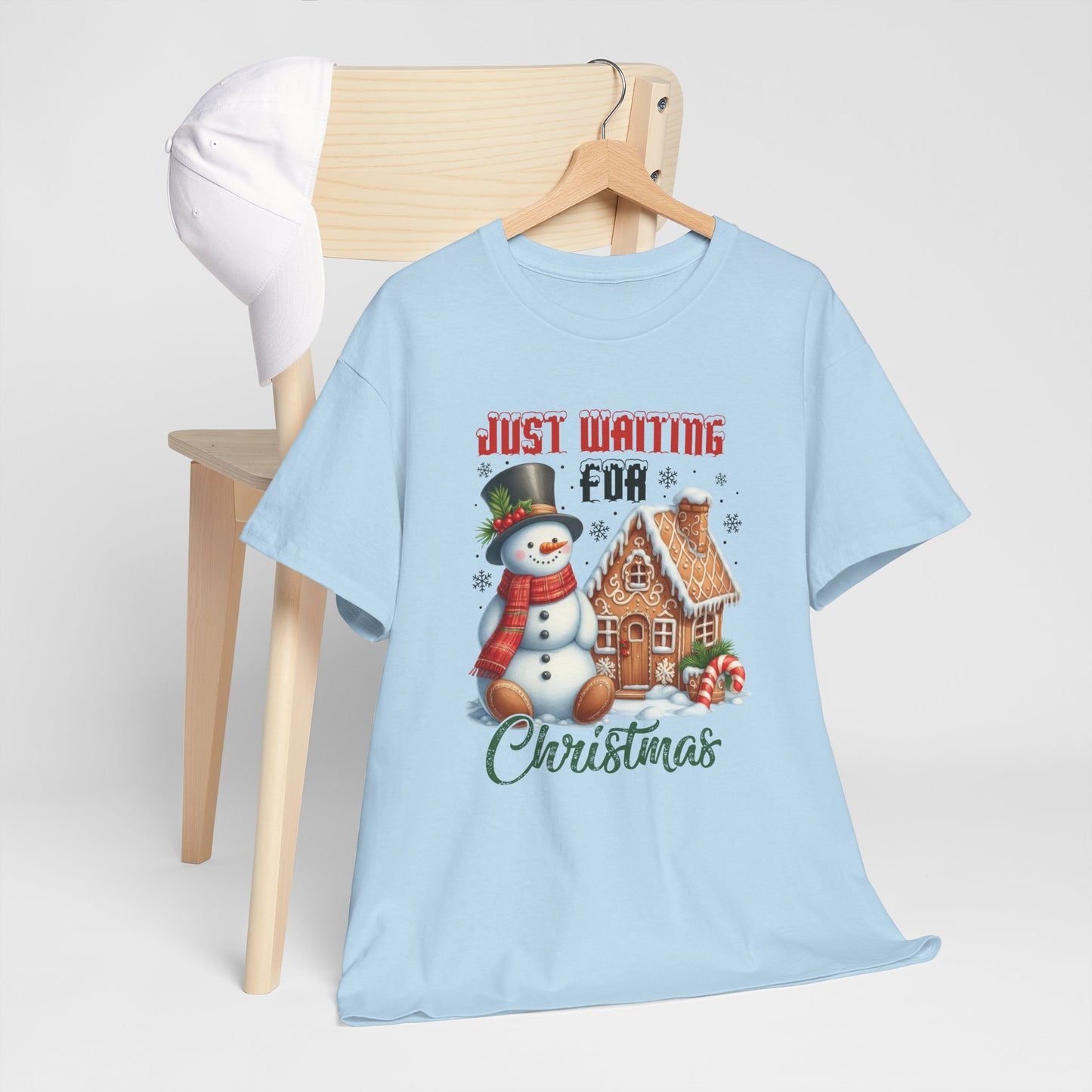 Christmas Snowman Heavy Cotton Tee - 'Just Waiting for Christmas'