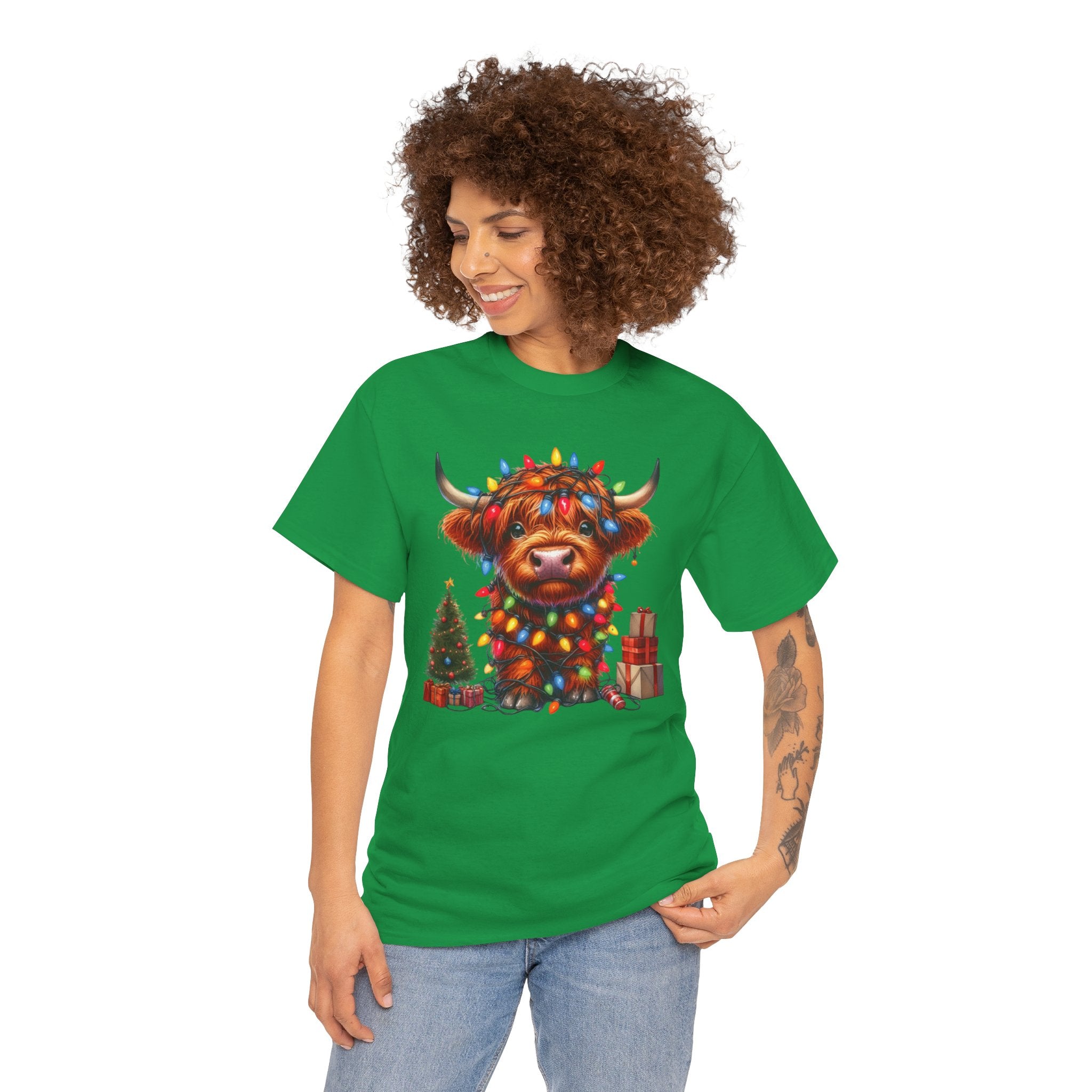 Festive Highland Cow Heavy Cotton Tee - Holiday Cheer