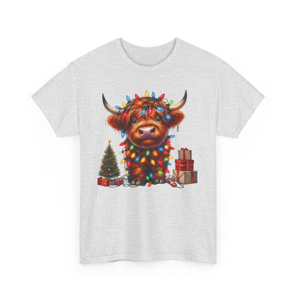 Festive Highland Cow Heavy Cotton Tee - Holiday Cheer