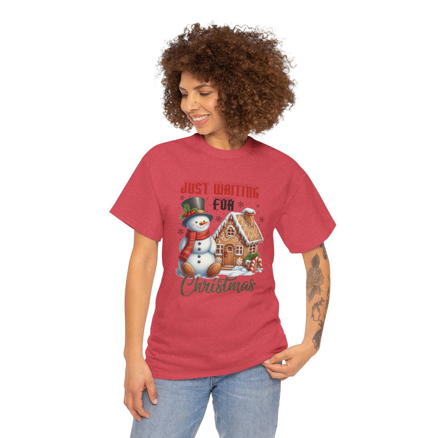 Christmas Snowman Heavy Cotton Tee - 'Just Waiting for Christmas'
