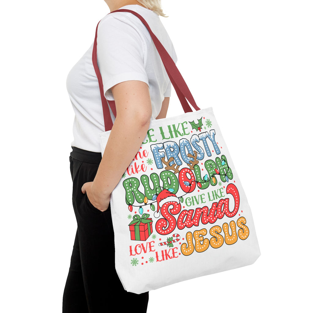 Joyful Holiday Tote Bag - Dance Like Frosty, Shine Like Rudolph, Give Like Santa, Love Like Jesus