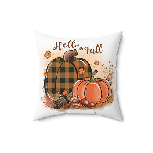 Hello Fall Pumpkin Throw Pillow — Plaid & Orange Autumn Decor