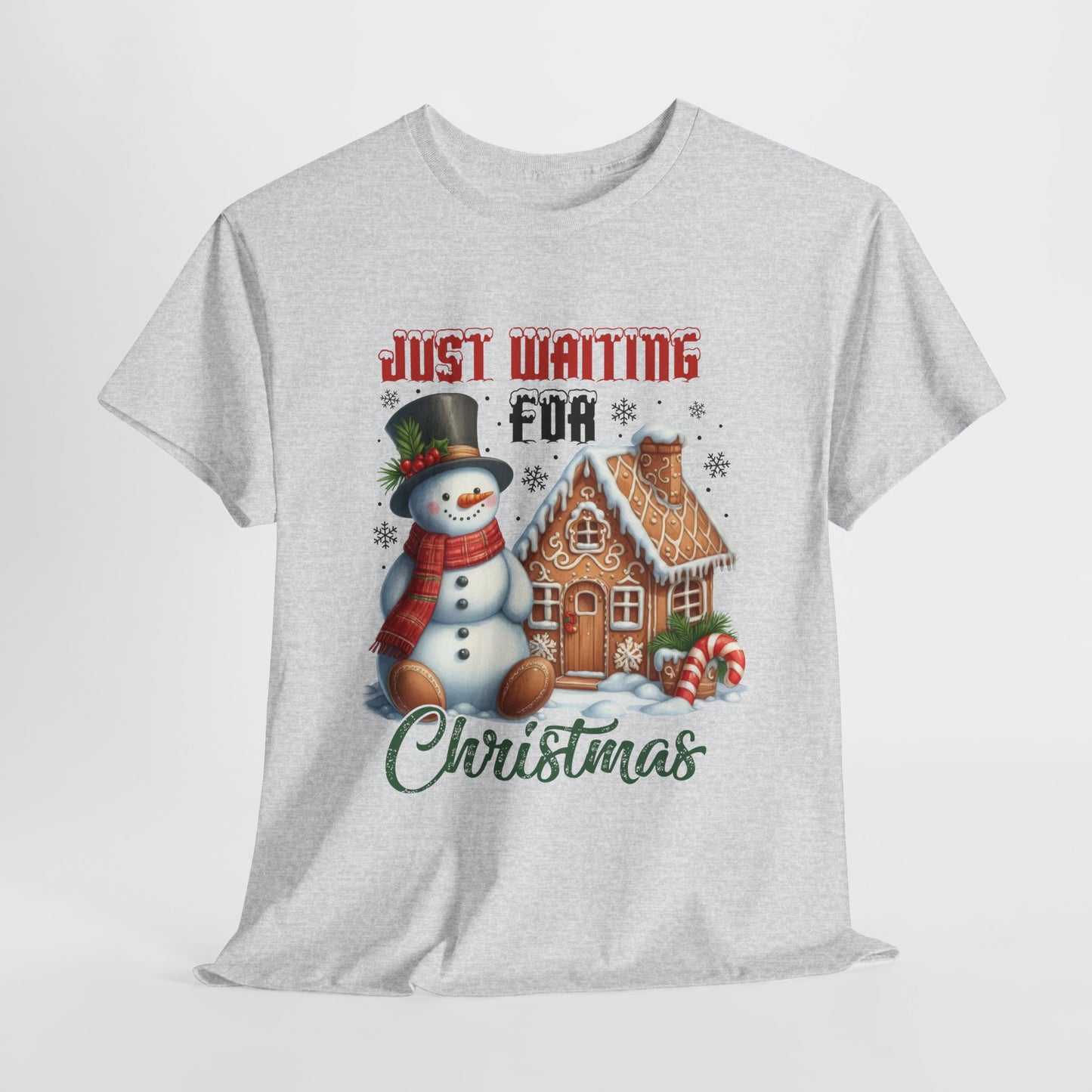 Christmas Snowman Heavy Cotton Tee - 'Just Waiting for Christmas'
