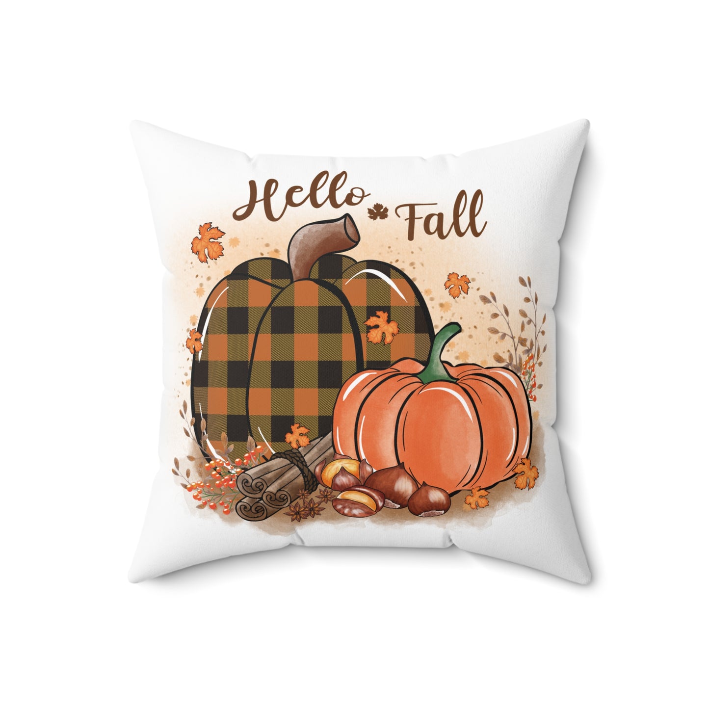 Hello Fall Pumpkin Throw Pillow — Plaid & Orange Autumn Decor