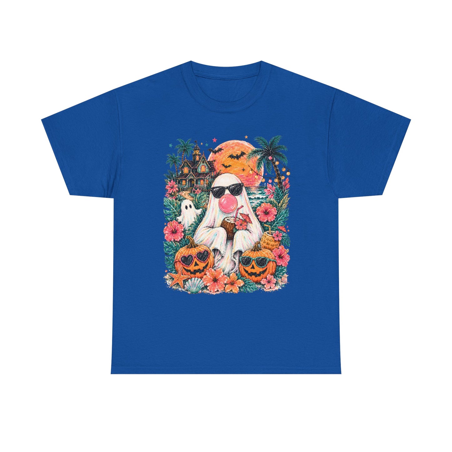 Cool Ghost with Sunglasses T-Shirt | Tropical Halloween Pumpkin Floral Tee