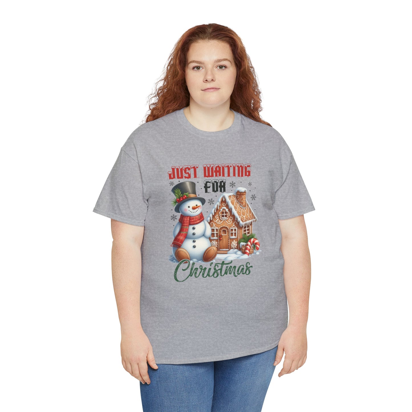 Christmas Snowman Heavy Cotton Tee - 'Just Waiting for Christmas'