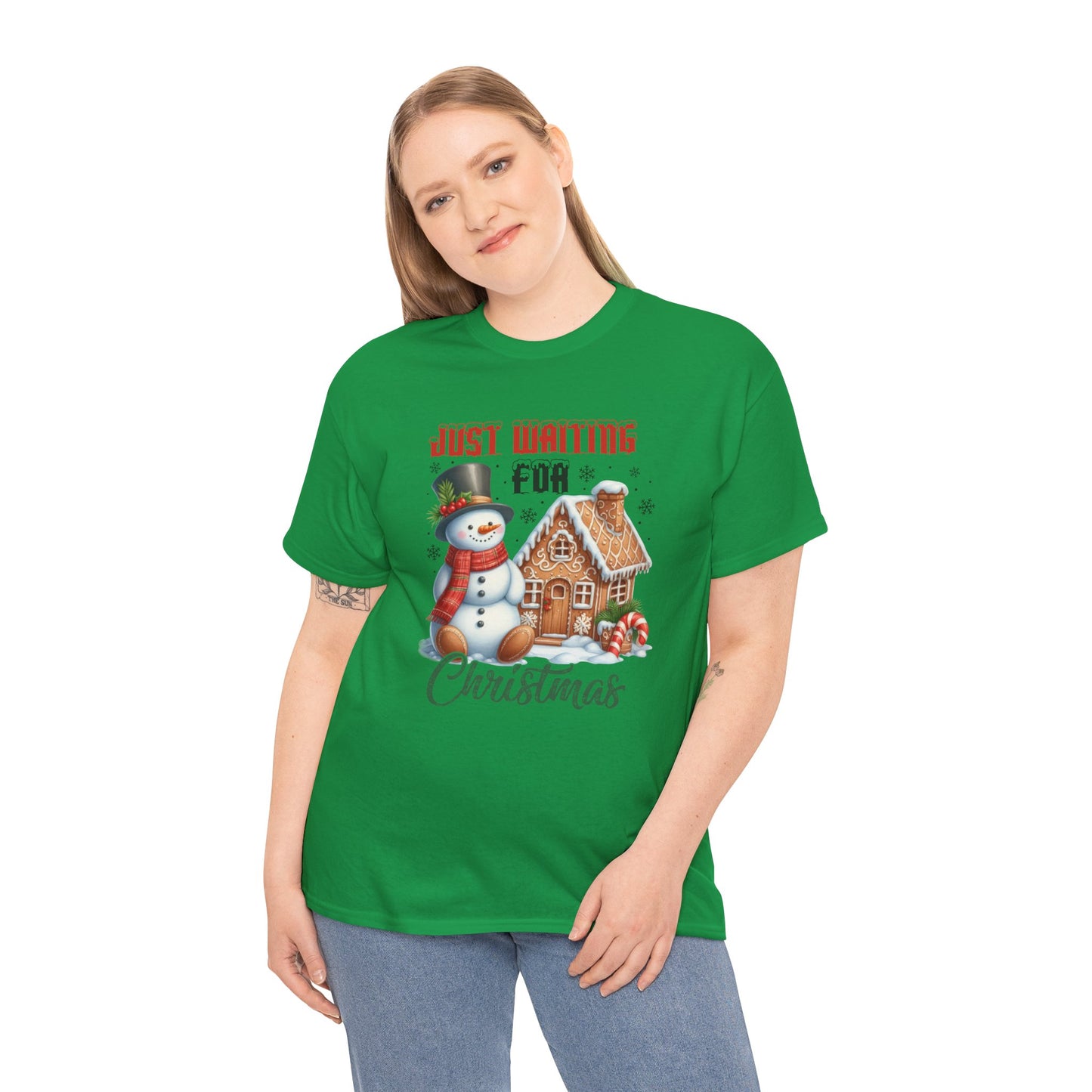 Christmas Snowman Heavy Cotton Tee - 'Just Waiting for Christmas'