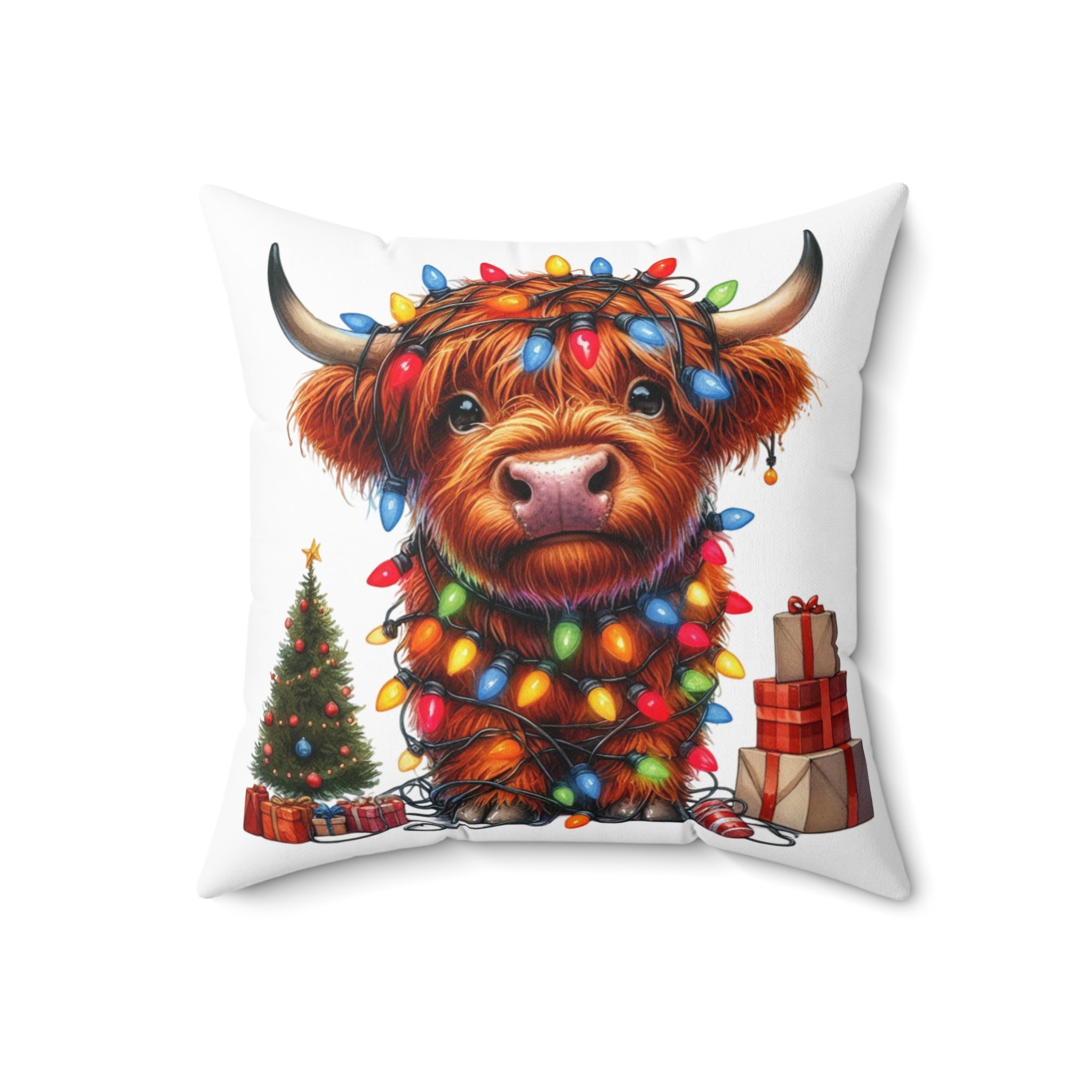 Festive Highland Cow Pillow - Holiday Decor with Christmas Lights