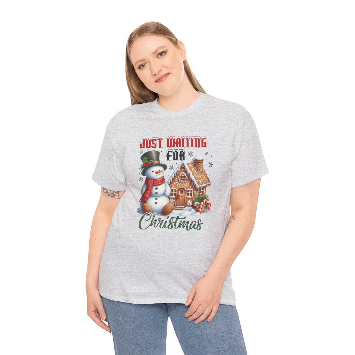 Christmas Snowman Heavy Cotton Tee - 'Just Waiting for Christmas'