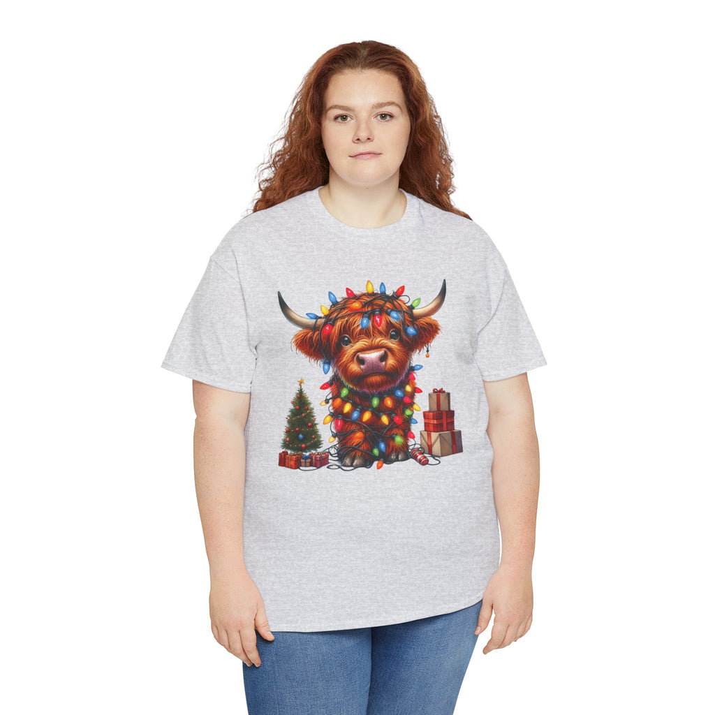 Festive Highland Cow Heavy Cotton Tee - Holiday Cheer