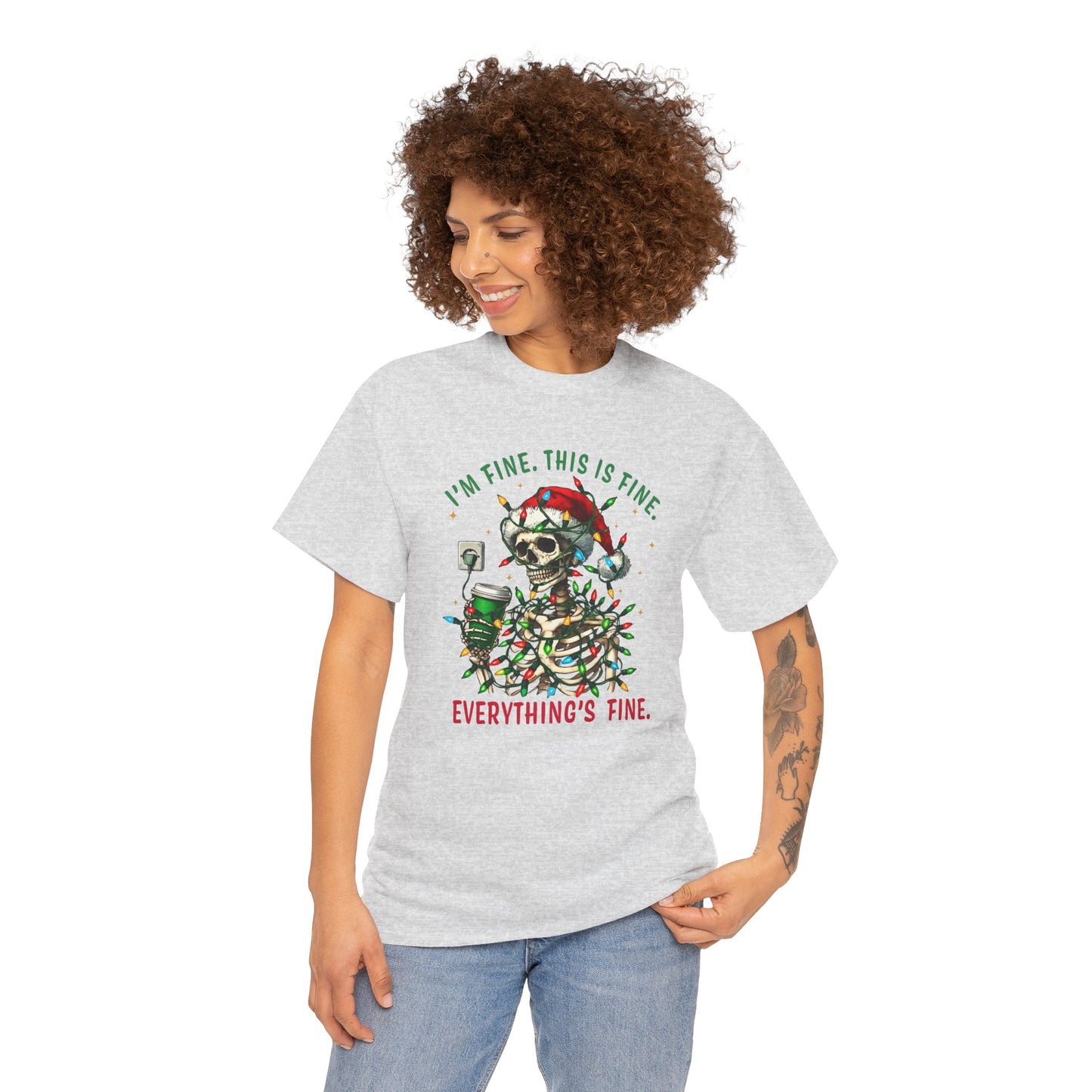 Funny Christmas Skeleton Tee - 'I'm Fine, This is Fine' Holiday T-Shirt