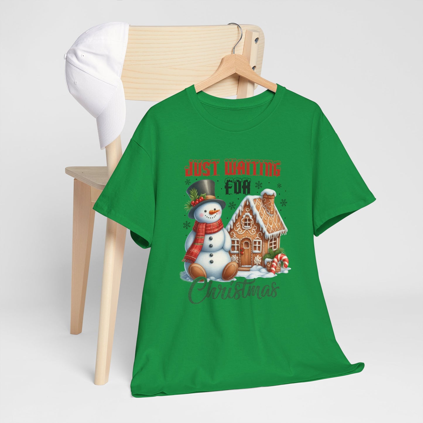 Christmas Snowman Heavy Cotton Tee - 'Just Waiting for Christmas'