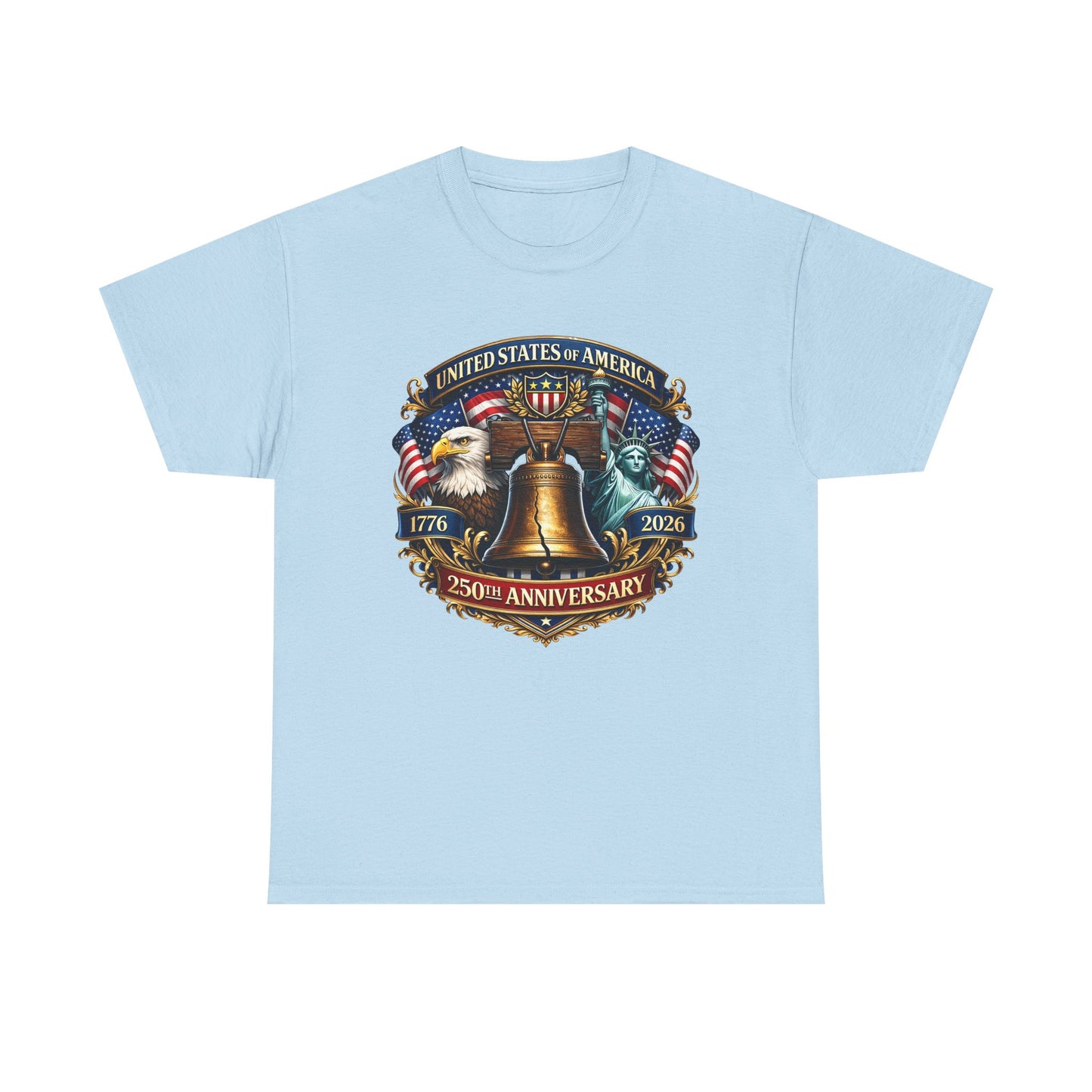 Liberty 250th Anniversary T-Shirt — USA Eagle, Liberty Bell & Statue of Liberty Graphic