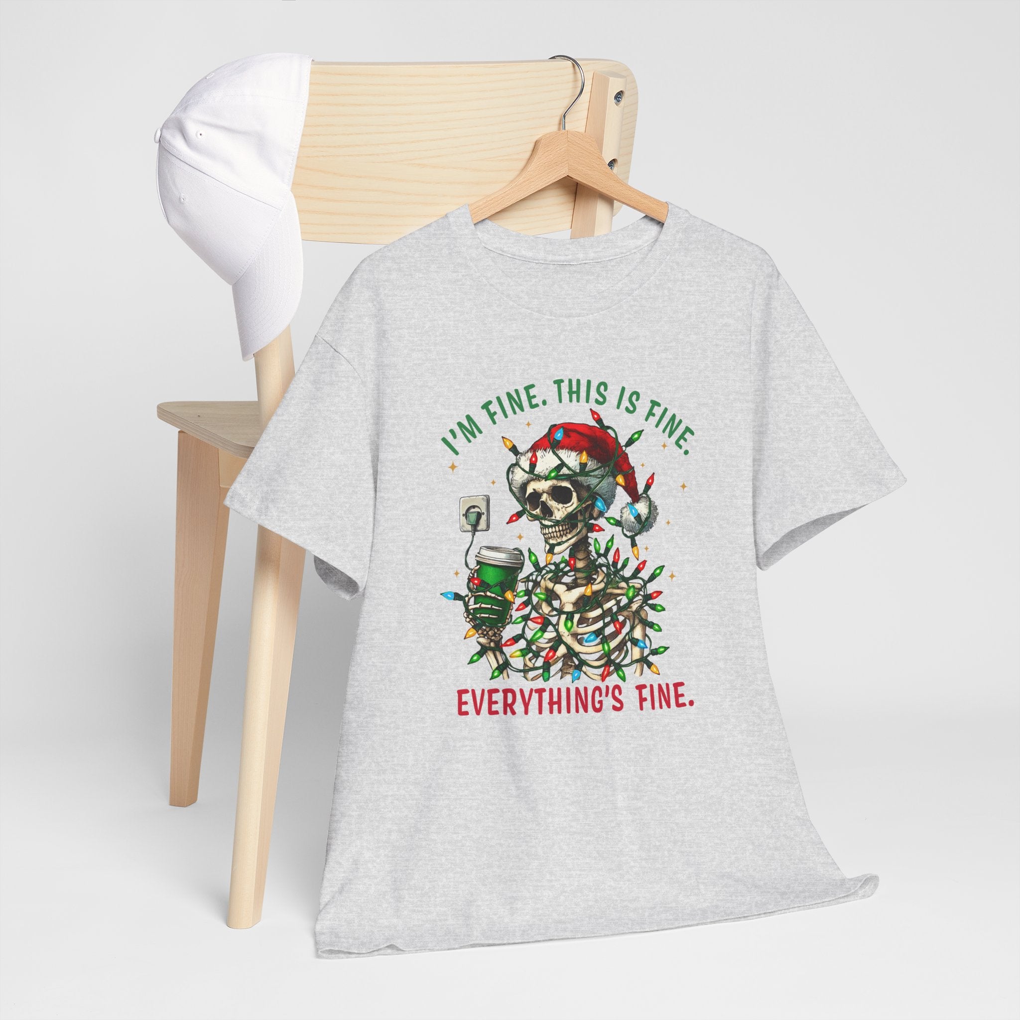 Funny Christmas Skeleton Tee - 'I'm Fine, This is Fine' Holiday T-Shirt