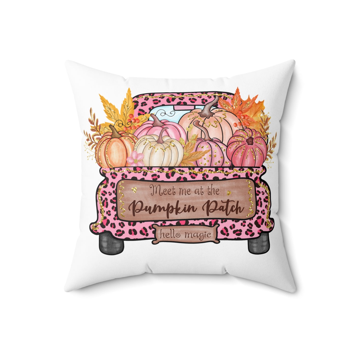Autumn Pumpkin Patch Truck Pillow — Pink Leopard Fall Decorative Throw Pillow
