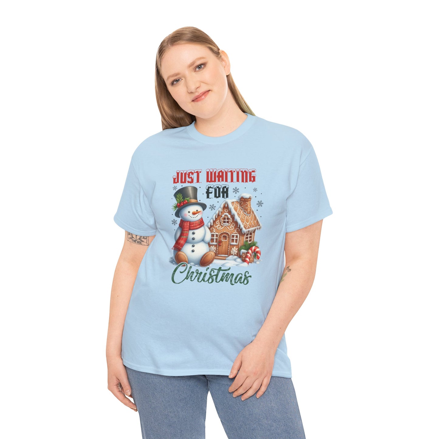 Christmas Snowman Heavy Cotton Tee - 'Just Waiting for Christmas'