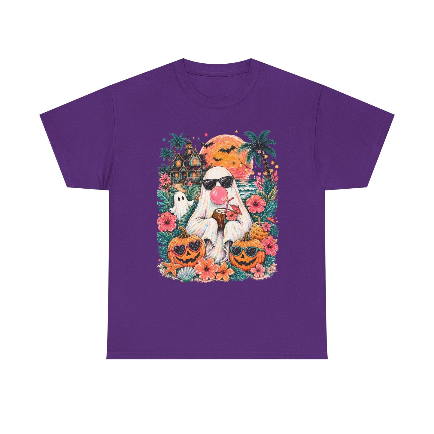 Cool Ghost with Sunglasses T-Shirt | Tropical Halloween Pumpkin Floral Tee