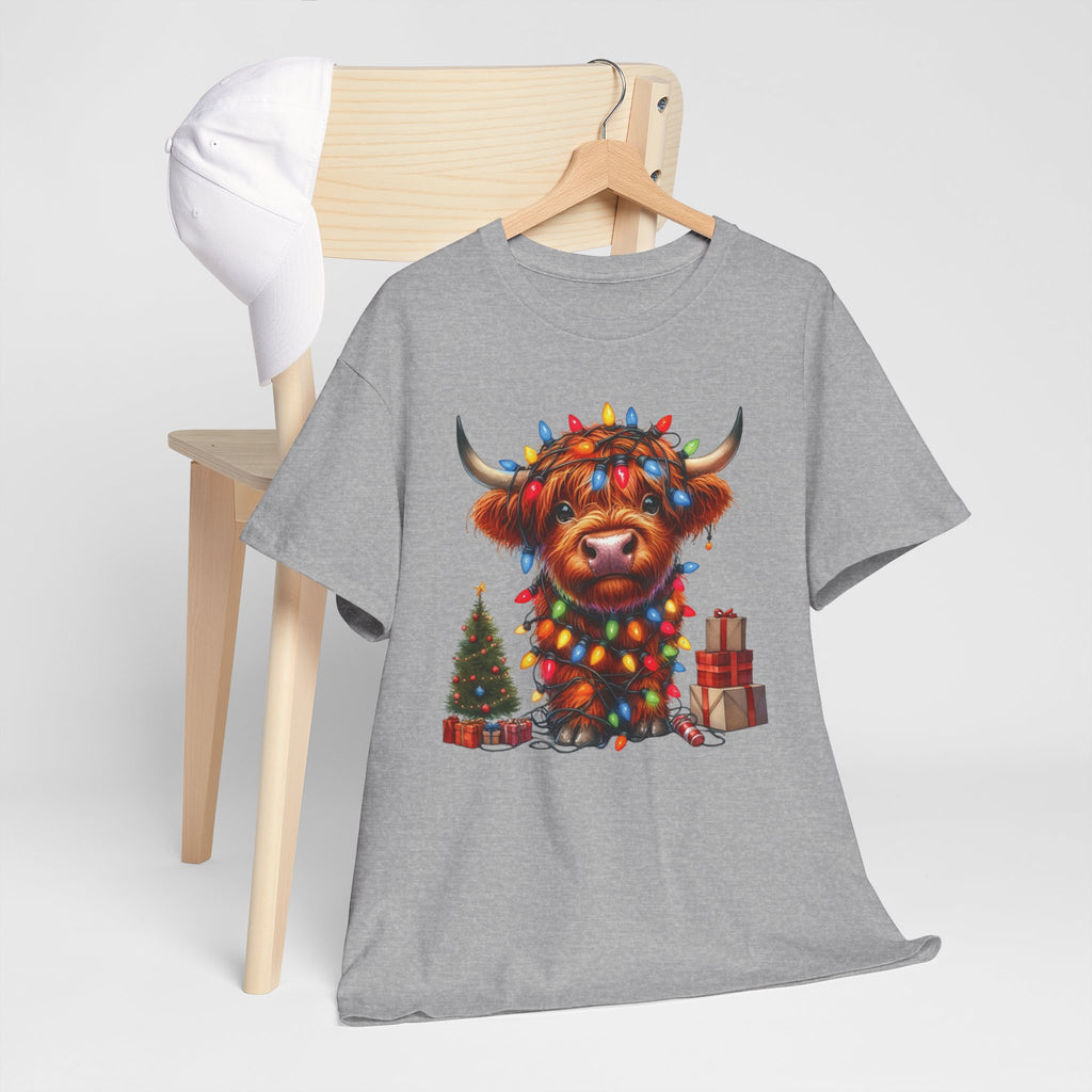 Festive Highland Cow Heavy Cotton Tee - Holiday Cheer