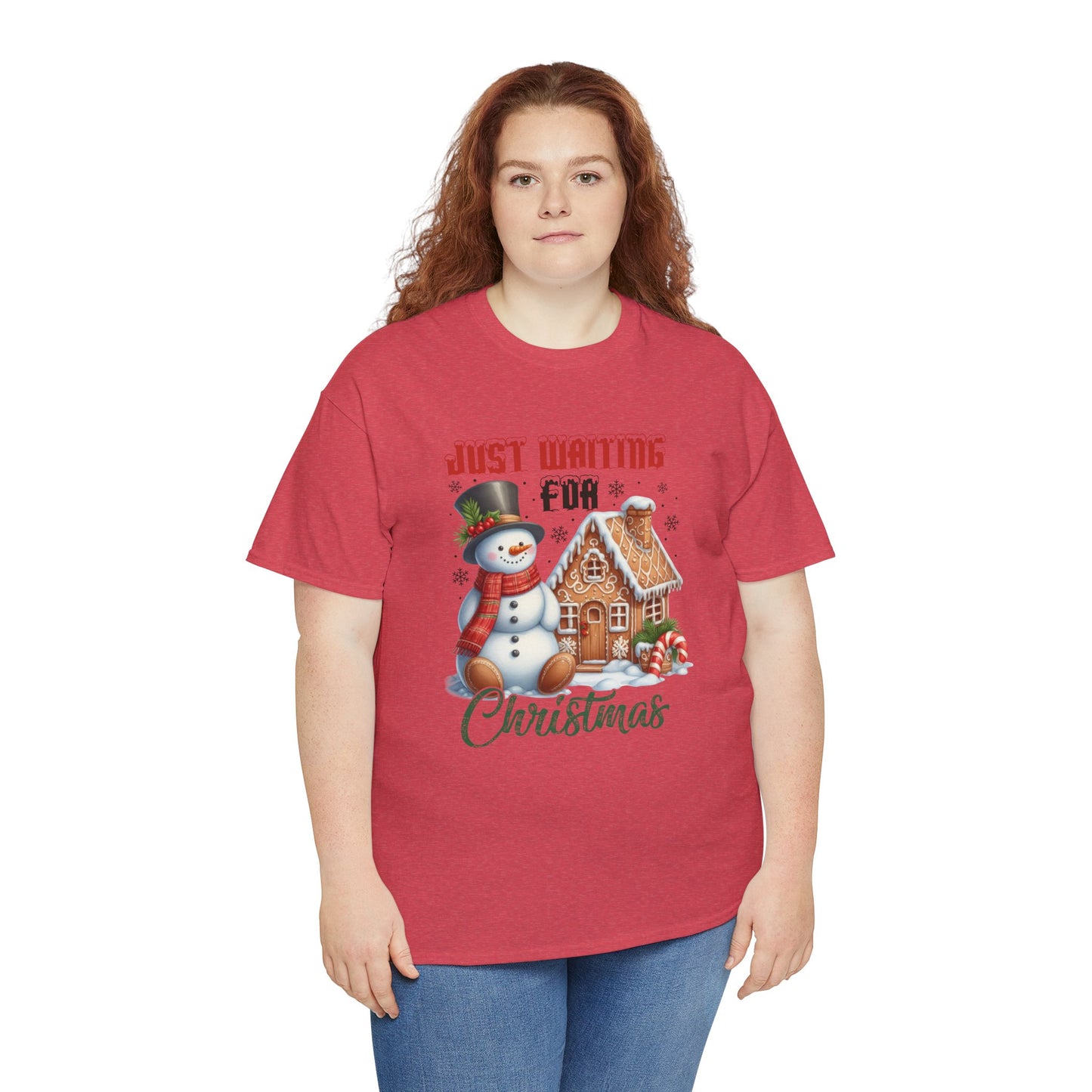 Christmas Snowman Heavy Cotton Tee - 'Just Waiting for Christmas'