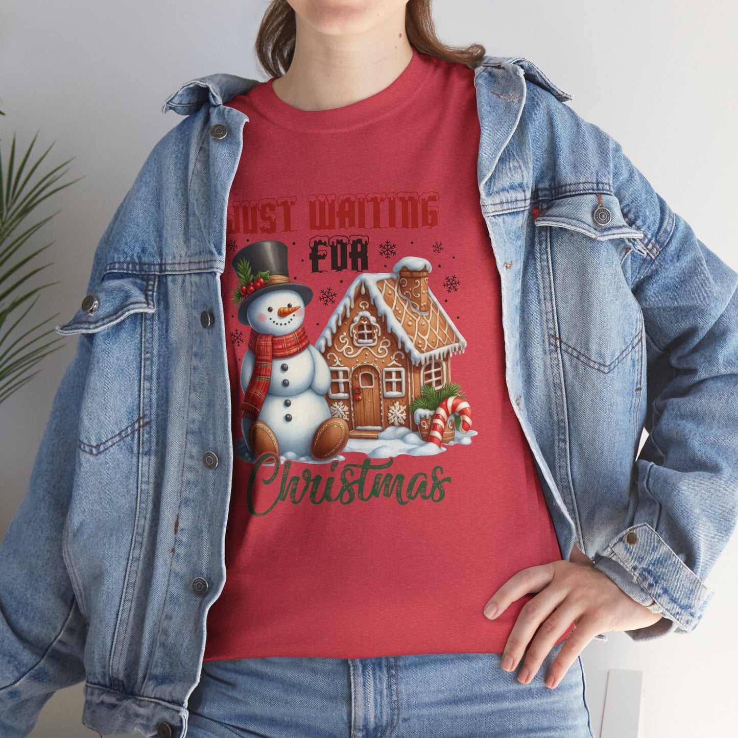 Christmas Snowman Heavy Cotton Tee - 'Just Waiting for Christmas'