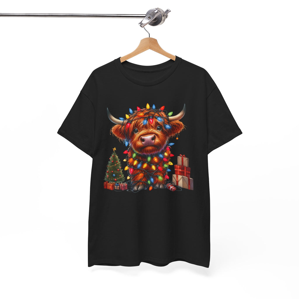 Festive Highland Cow Heavy Cotton Tee - Holiday Cheer