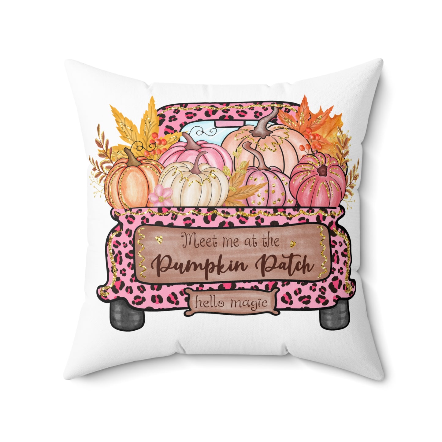 Autumn Pumpkin Patch Truck Pillow — Pink Leopard Fall Decorative Throw Pillow
