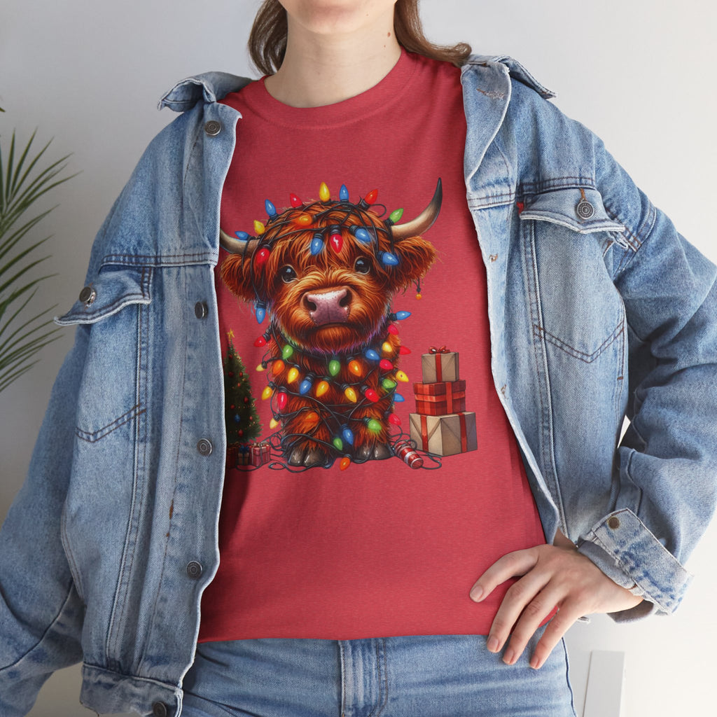 Festive Highland Cow Heavy Cotton Tee - Holiday Cheer