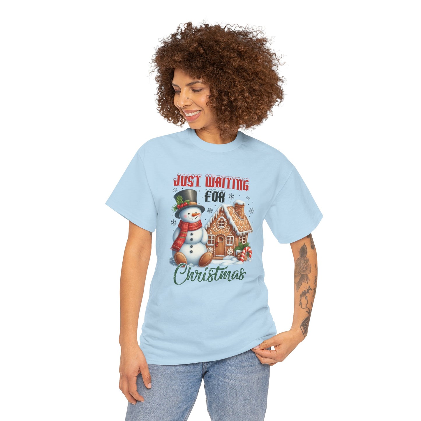 Christmas Snowman Heavy Cotton Tee - 'Just Waiting for Christmas'