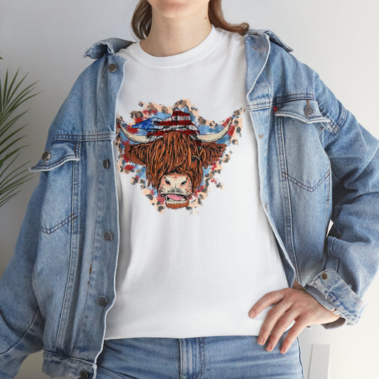 USA Highland Cow Patriotic Heavy Cotton Tee